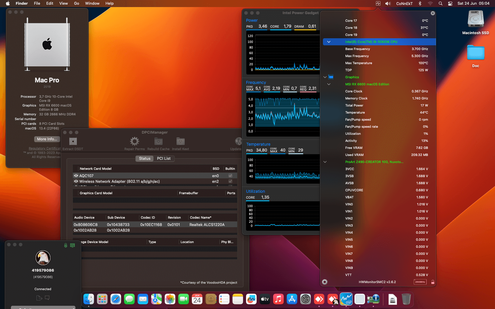 Success Hackintosh macOS Ventura 13.4 Build 22F66 in Asus ProArt Z490 Creator 10G + Intel Core i9 10900K + MSI RX 6600